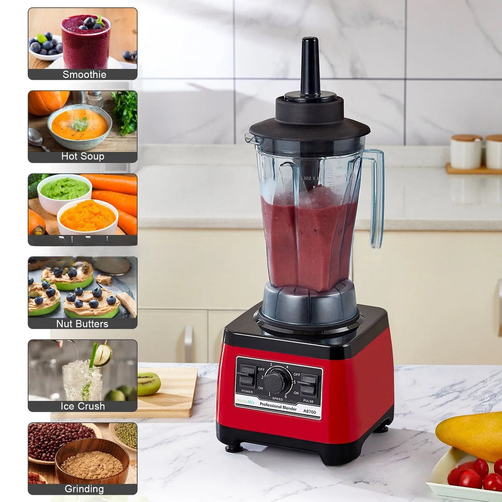 Red commercial blender with 2200W motor and 2-litre capacity for industrial food preparation