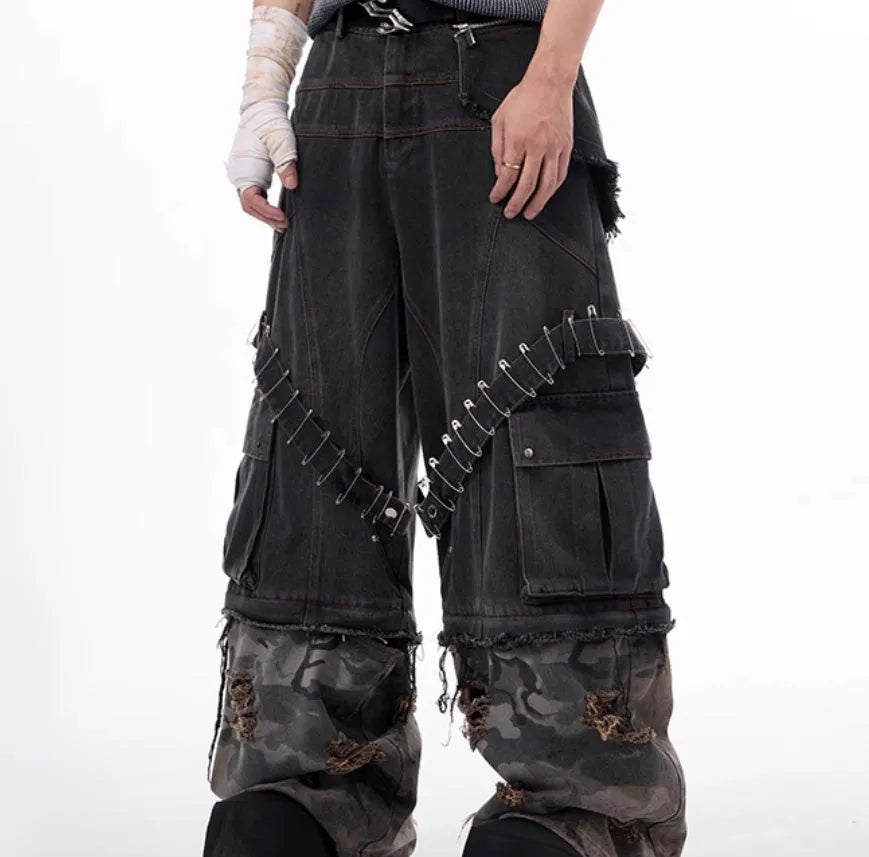 Men's grey cotton denim jeans with camouflage splicing pattern and ribbon detailing