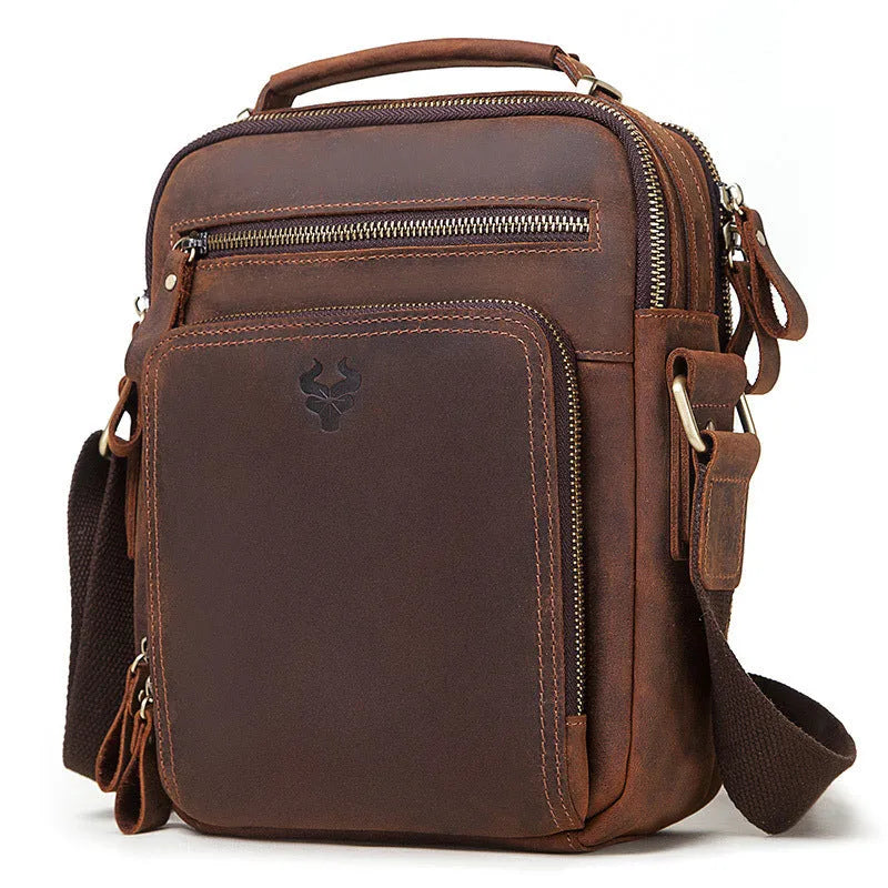 Men's vintage style leather crossbody bag in brown with visible stitching details