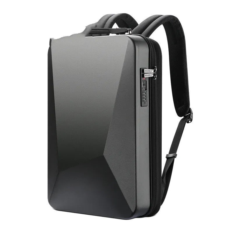 Hard shell PC gaming backpack in titanium gold or black with laptop compartment and shoulder straps