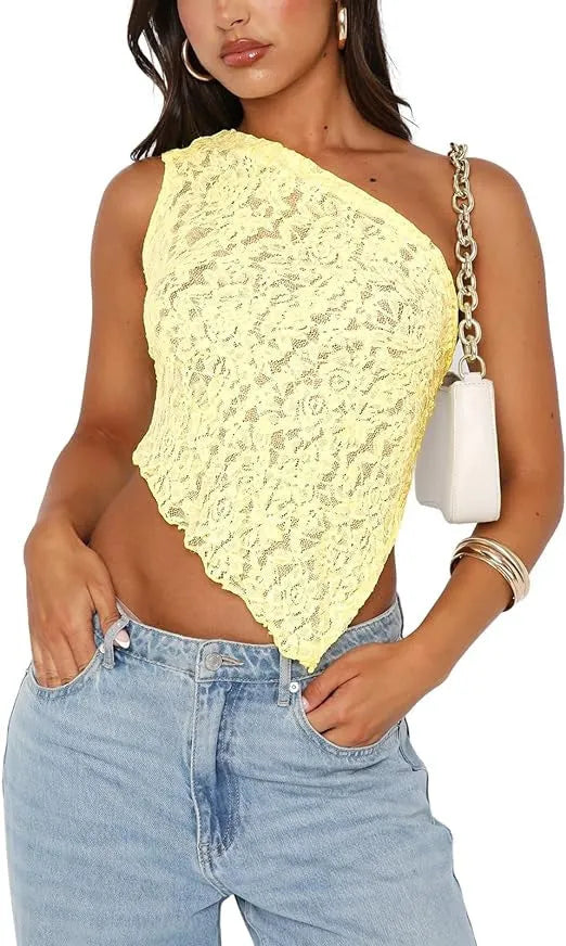 Women's slim-fit lace-back vest top with asymmetrical neckline in solid colour