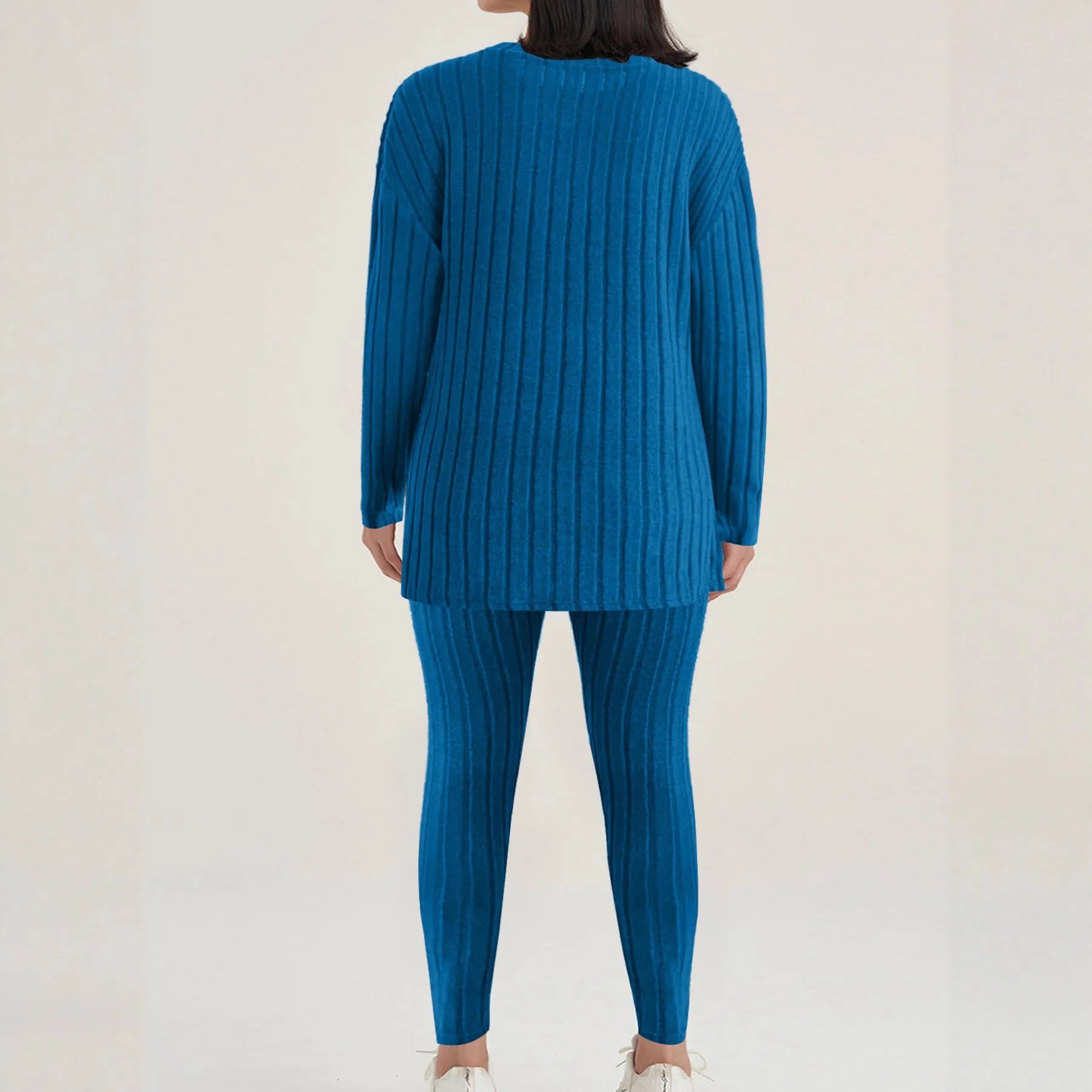 Black and blue sunken stripe two-piece homewear set with regular sleeve top and trousers