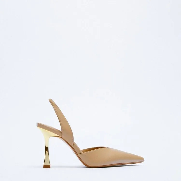 Women's nude patent leather high heels with pointed toe and shallow mouth design in apricot colour