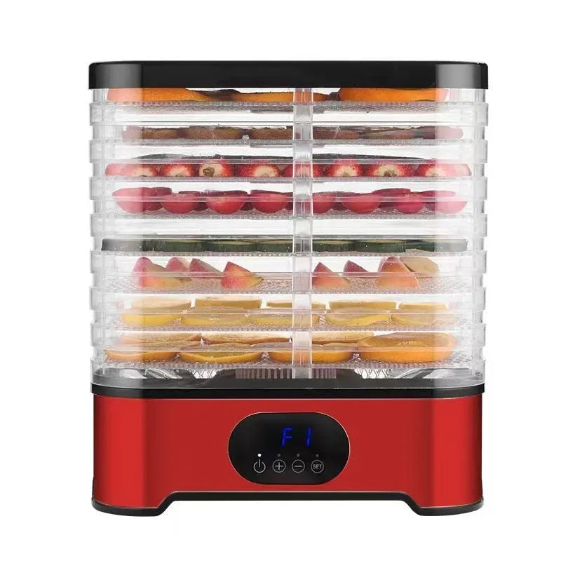 Eight-layer food dehydrator appliance in silver or red finish with collapsible design for compact storage