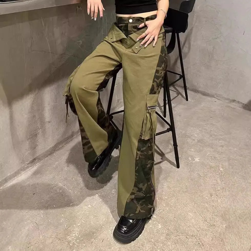 Women's retro high waist jeans with leopard print tooling style and fake two stitching on dark khaki denim