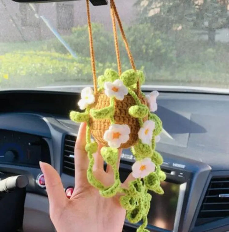 Green and white knitted car plant decoration with hanging rope on 8cm plastic base