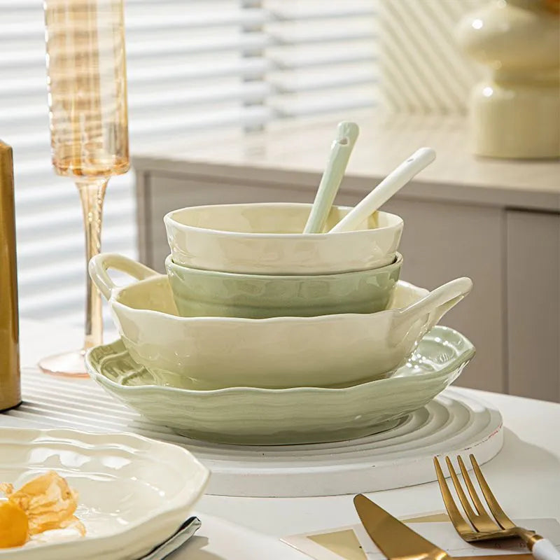Seven-piece solid colour ceramic dinner plate and bowl set in boxed packaging.