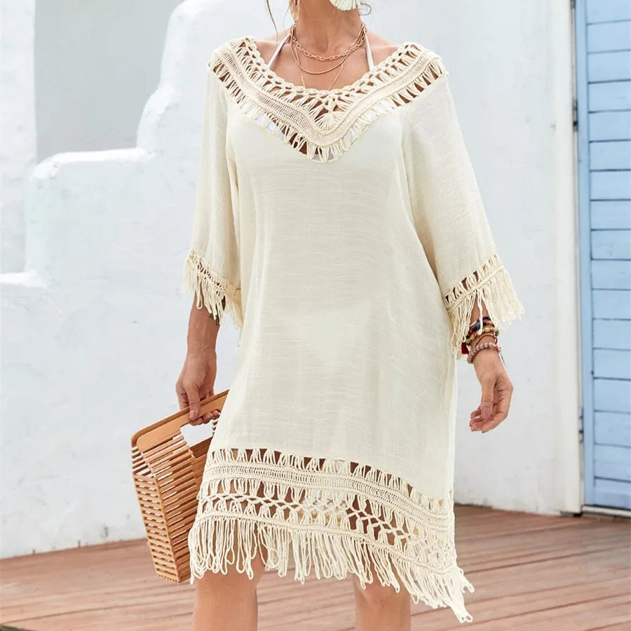 Apricot crocheted patchwork women's dress with half sleeves and mid-length skirt