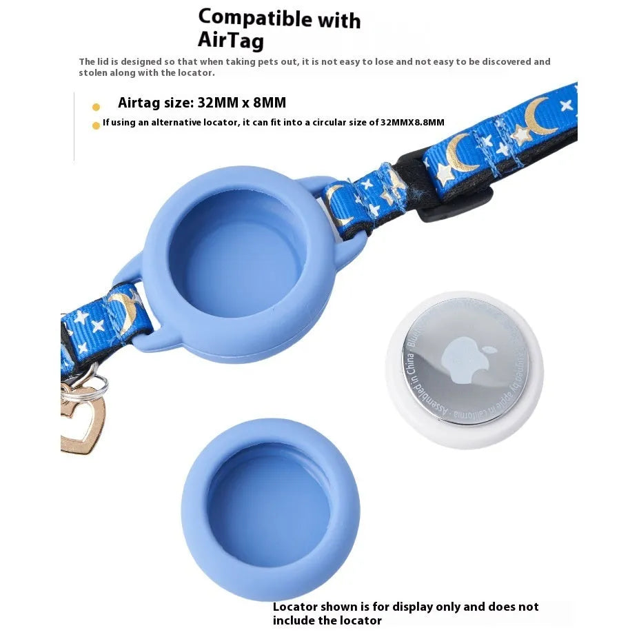 AirTag cat collar case in plastic showing adjustable sizing and four colour options