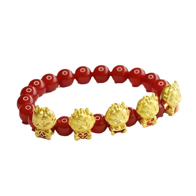 Natural red agate Chinese style bracelet with five blessing dragon design.