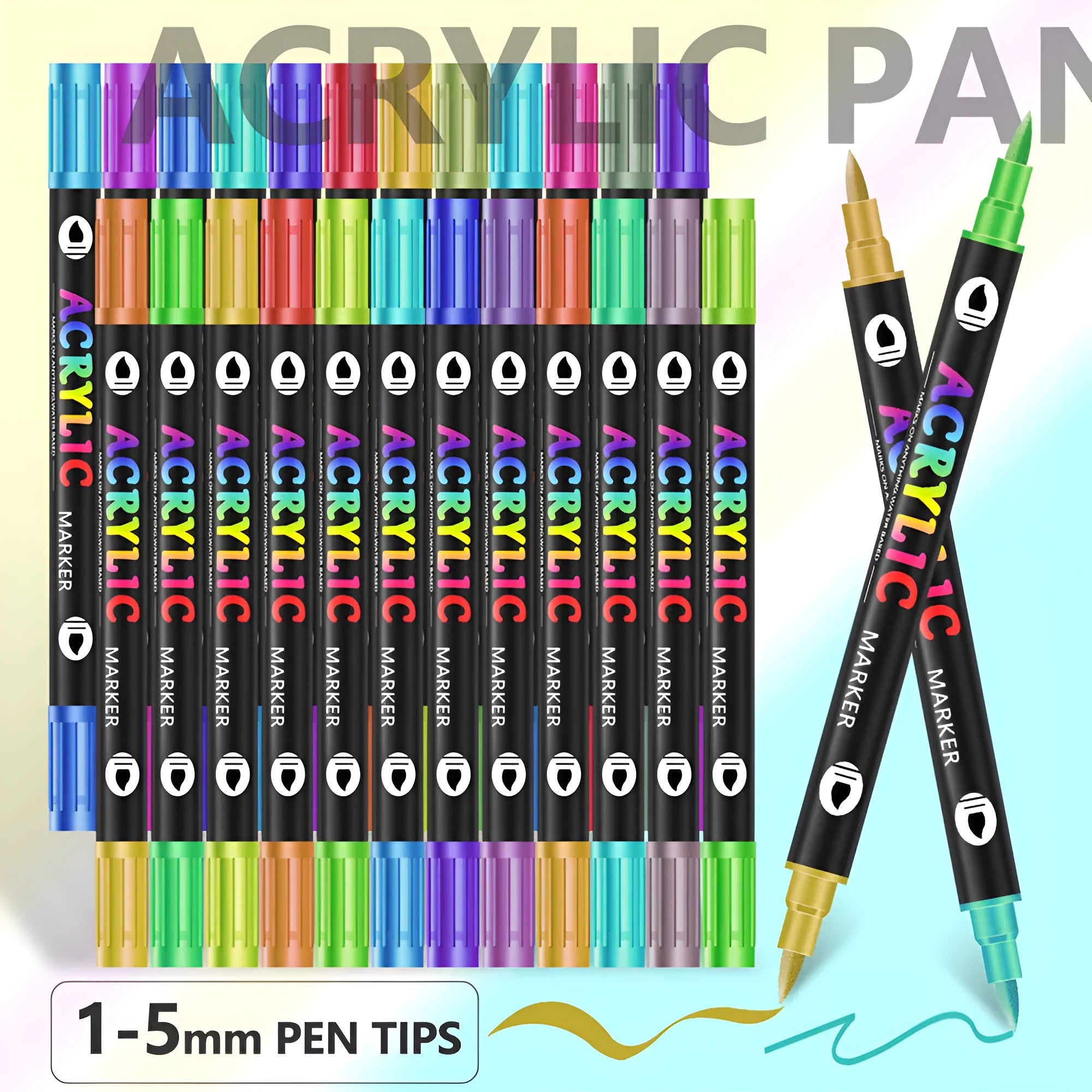 Set of double-tipped acrylic marker pens showing washable opaque colours in 12, 24 or 36 piece options