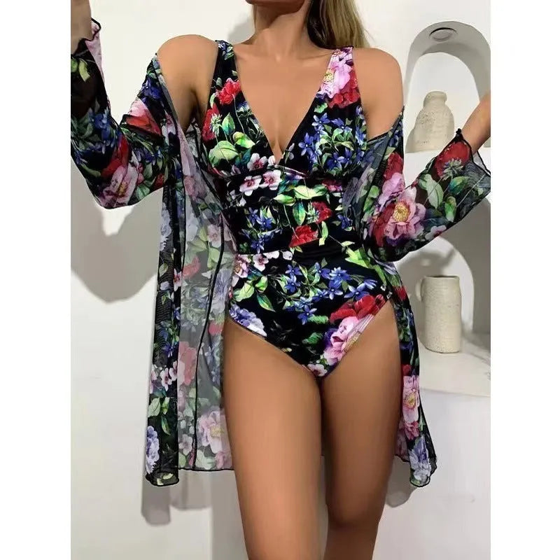 Women's floral tight bikini three-piece swimsuit set with matching cover-up in various colours
