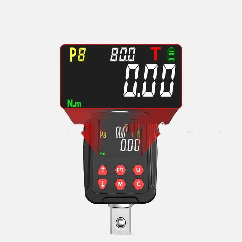 1/2 inch drive digital torque meter with display, part of a three-piece metal set for wrench calibration.