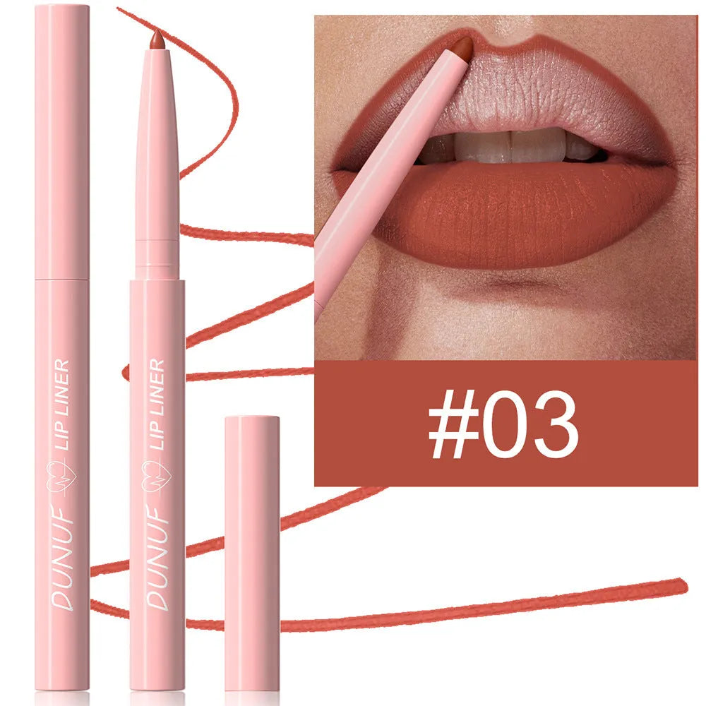 Set of twelve velvet matte lip liners in various shades for precise lip contouring