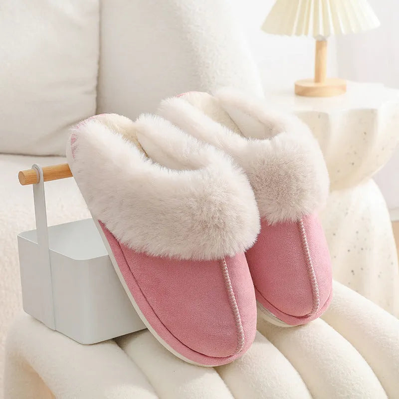 Women's brown plush indoor slippers with round toe design and non-slip PVC soles