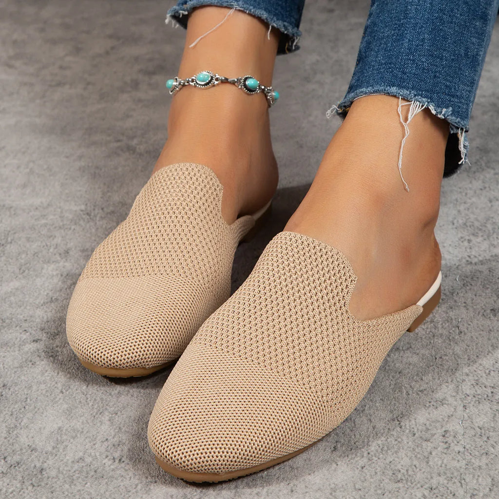 Mesh slip-on sandals with round toe, cloth upper, and flat rubber sole in candy colours