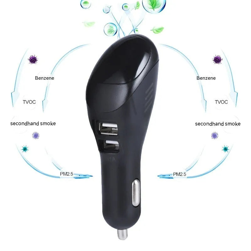 White car USB charger with integrated air purifier showing compact 103mm design