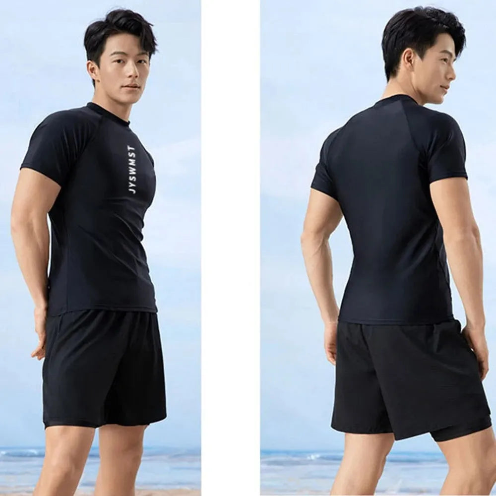 Men's plus size swimming trunks set in polyester fabric with matching top and bottom