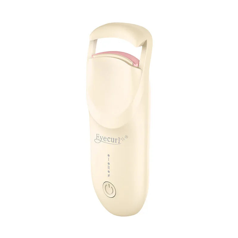 USB rechargeable electric eyelash curler in cream white, maca pink, or vanilla apricot colour with ceramic heating plate.