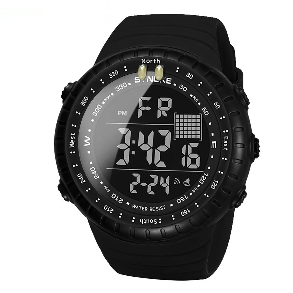 Black men's waterproof outdoor electronic watch with large dial and plastic case