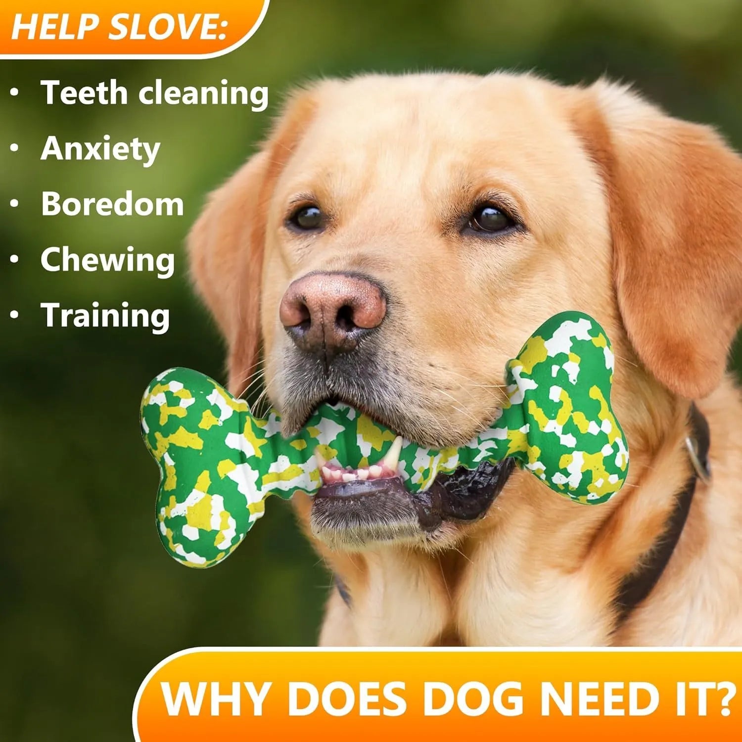 Green and white camouflage pattern natural rubber dog chew toy for large dogs on a wooden floor.