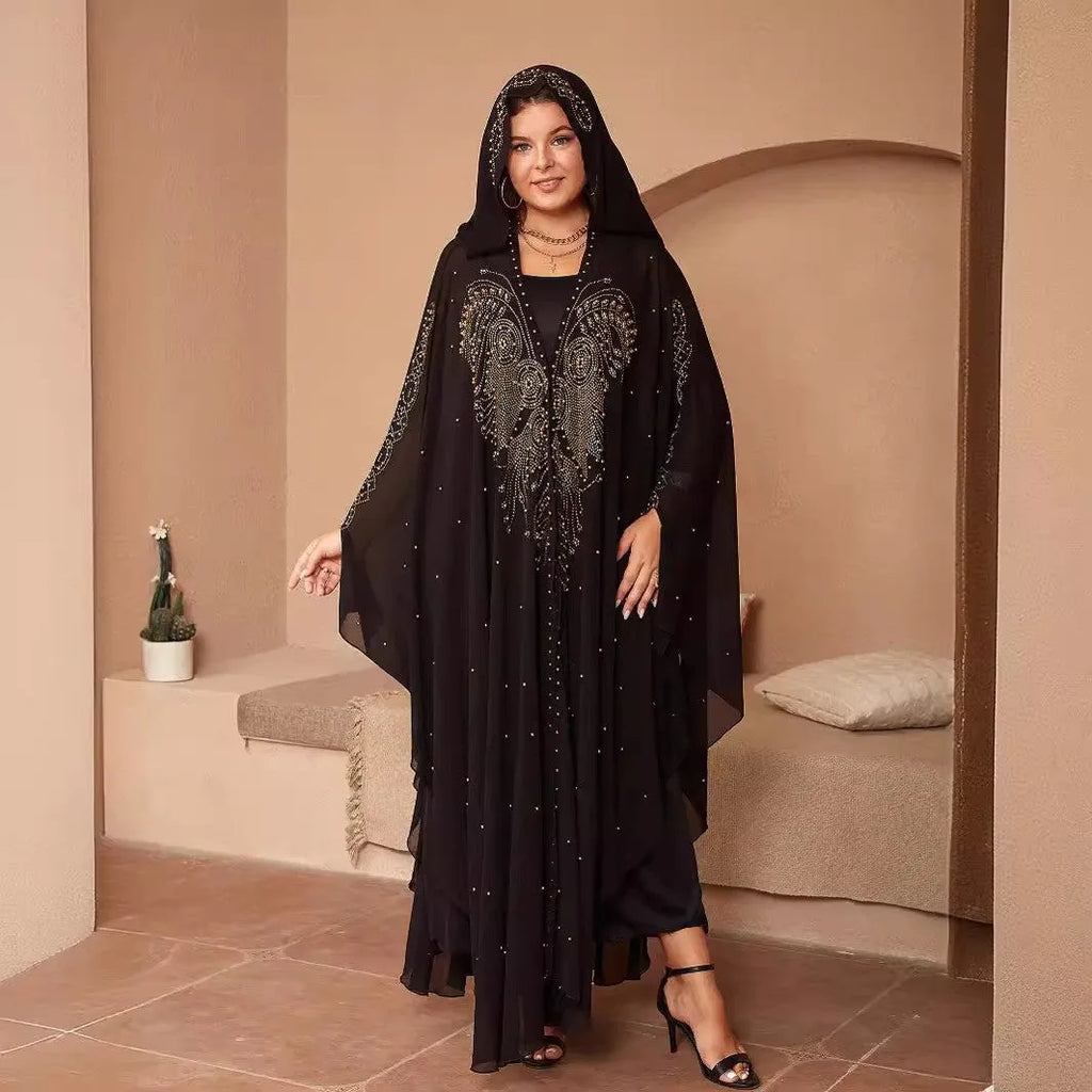 Muslim style chiffon cape shawl with rhinestone beading in multiple colour options