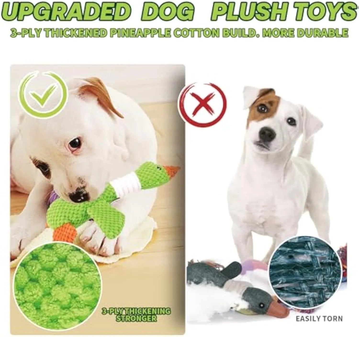 Blue, green, and grey duck-shaped durable dog plush toy with squeaker for chewing and play