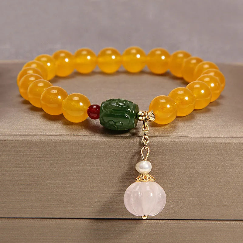 Yellow khaki agate crystal bracelet with gold silk thread for women