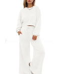 Women's solid colour polyester long sleeve top and trouser two-piece set in street hipster style.