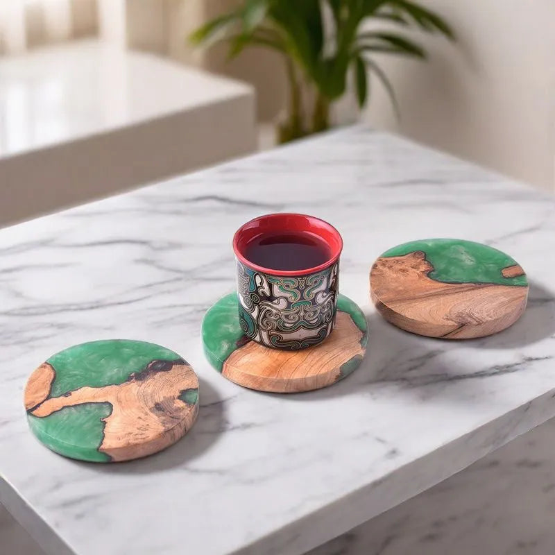Nordic style wooden tea coaster with heat insulation resin in solid colour