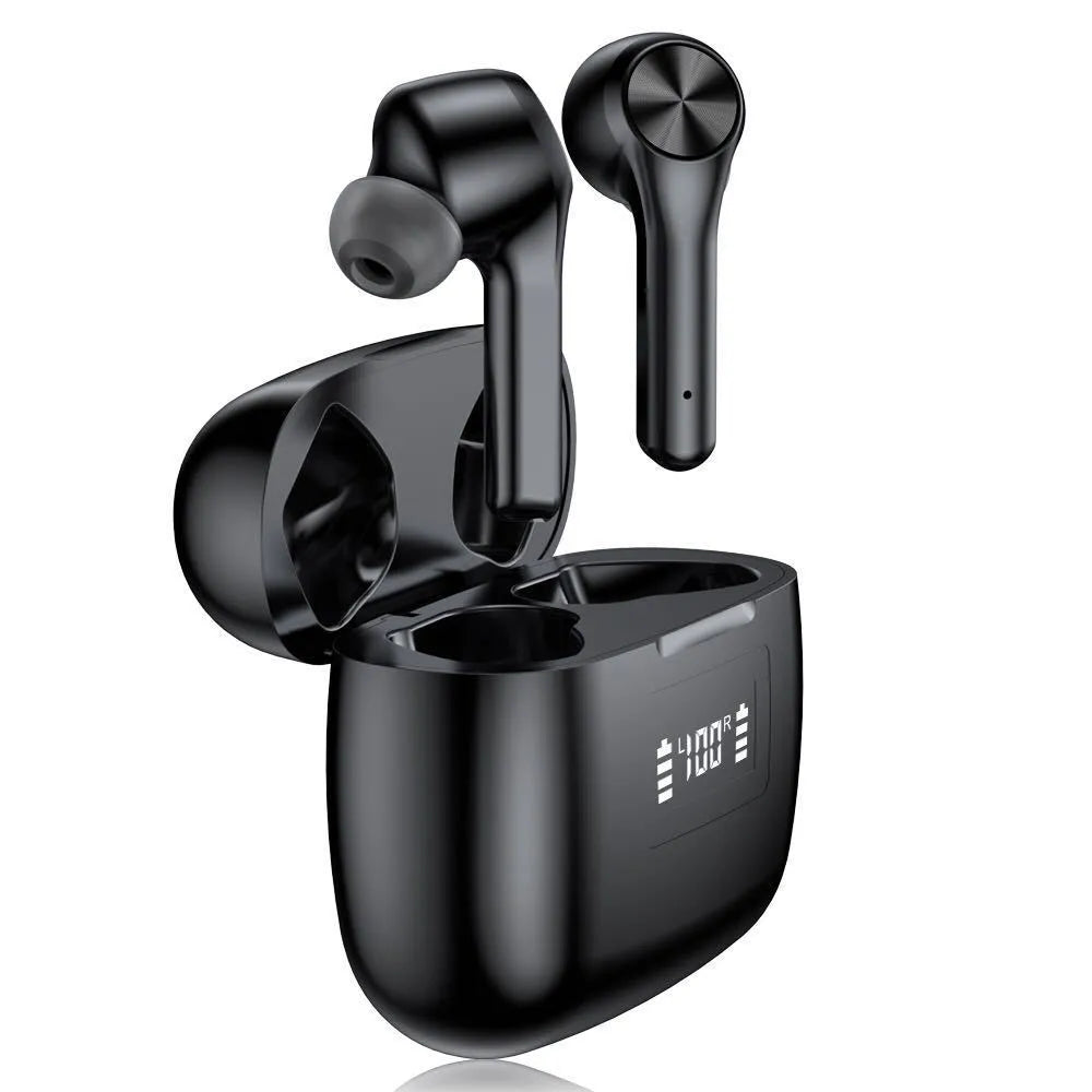 Cool black wireless Bluetooth earphones with touch controls and charging case on a white background.