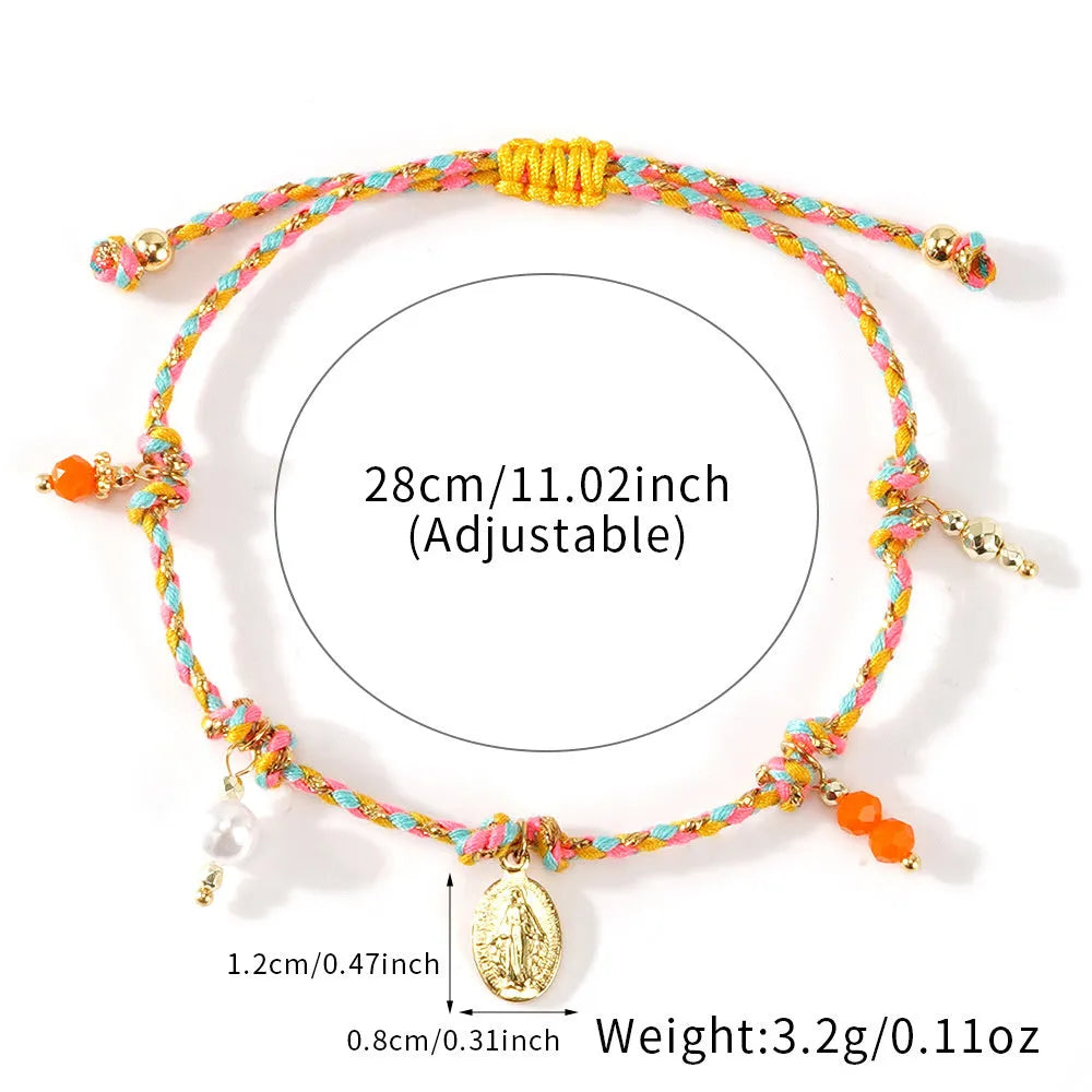 Hand-woven colourful braided rope bracelet with adjustable knot and decorative strap tag