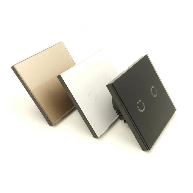 Single-gang tempered glass touch light switch in black, shown front-on.