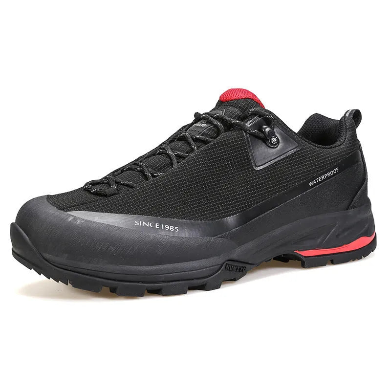 Men's low-top mountain climbing hiking boots with rubber outsole and lace-up front