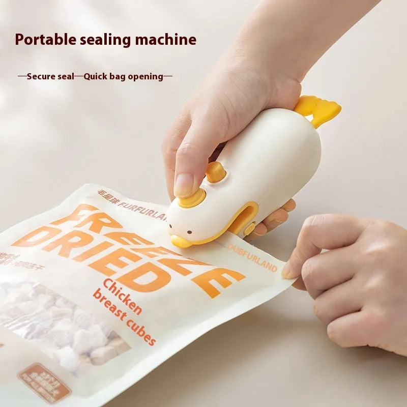 Small yellow duck animal jacquard design rechargeable handheld sealing machine with USB charging cable.