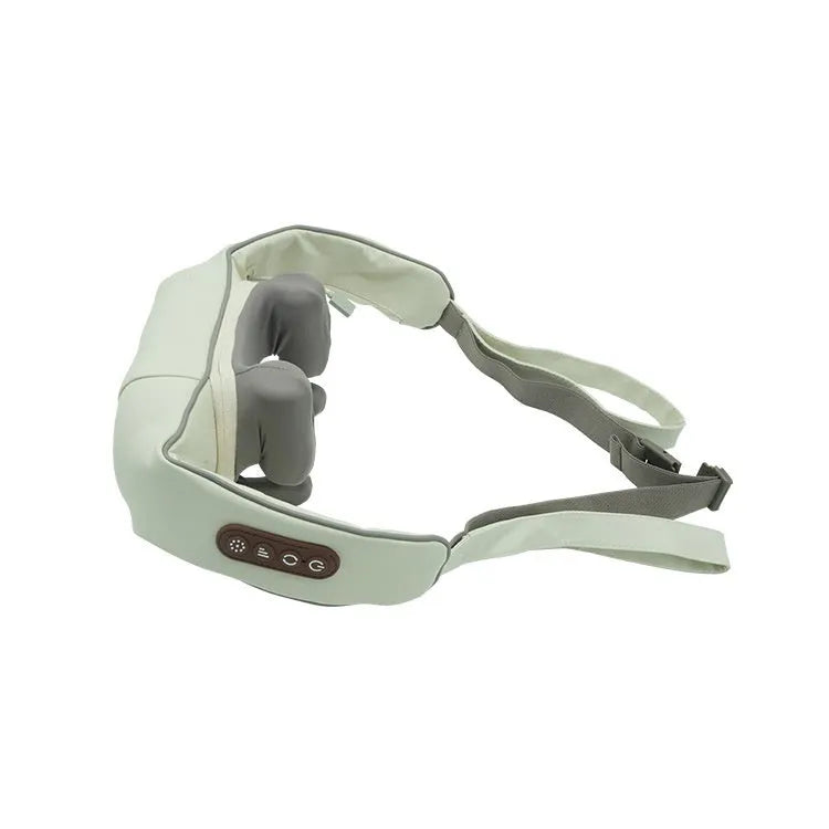 Blue rechargeable electric neck and shoulder massager in a folded position.