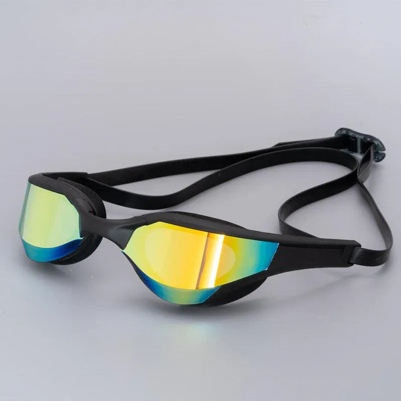 Racing style swimming goggles with mirror lenses and adjustable nose bridge on a blue background.