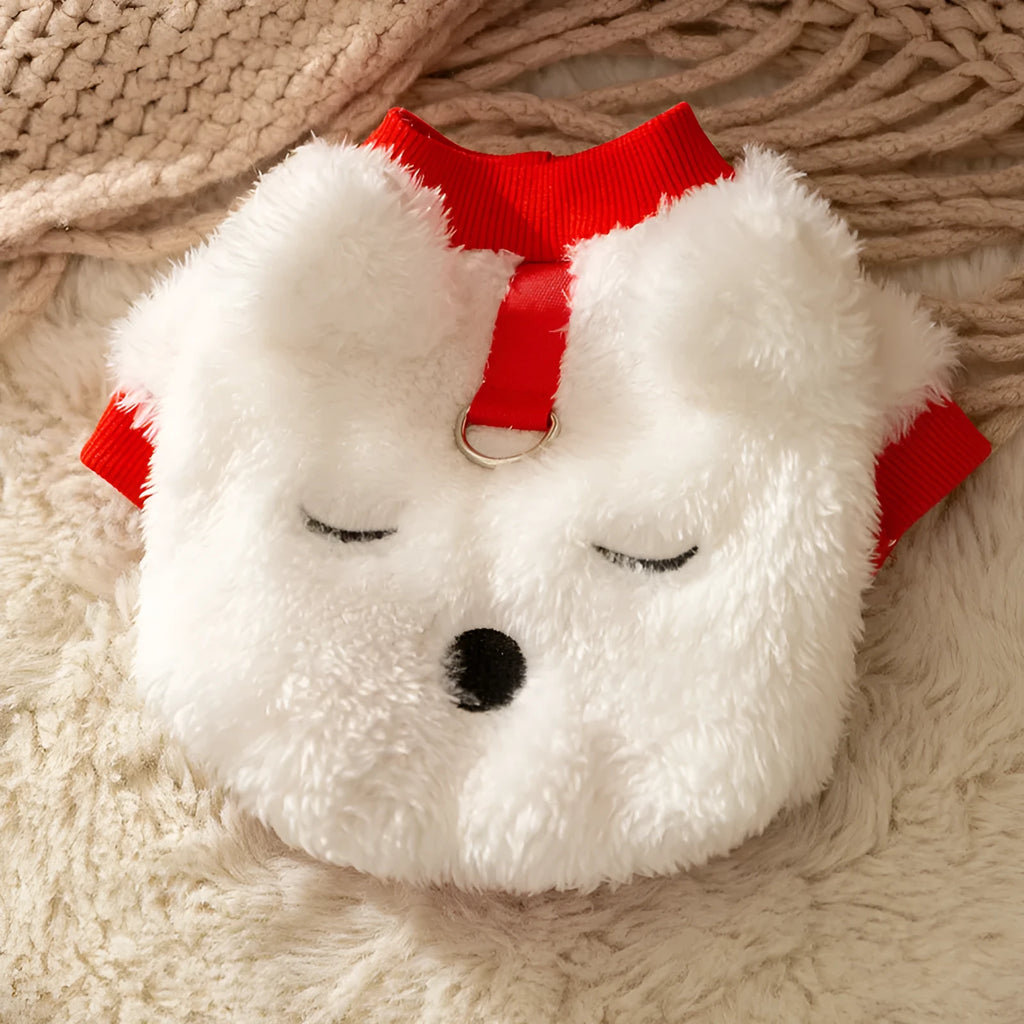 White plush bear pet jacket with 3D bear face, closed eyes, red knit trim, and metal leash ring for small dogs