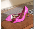 Pink patent leather women's stiletto heels with pointed toe and ankle buckle.