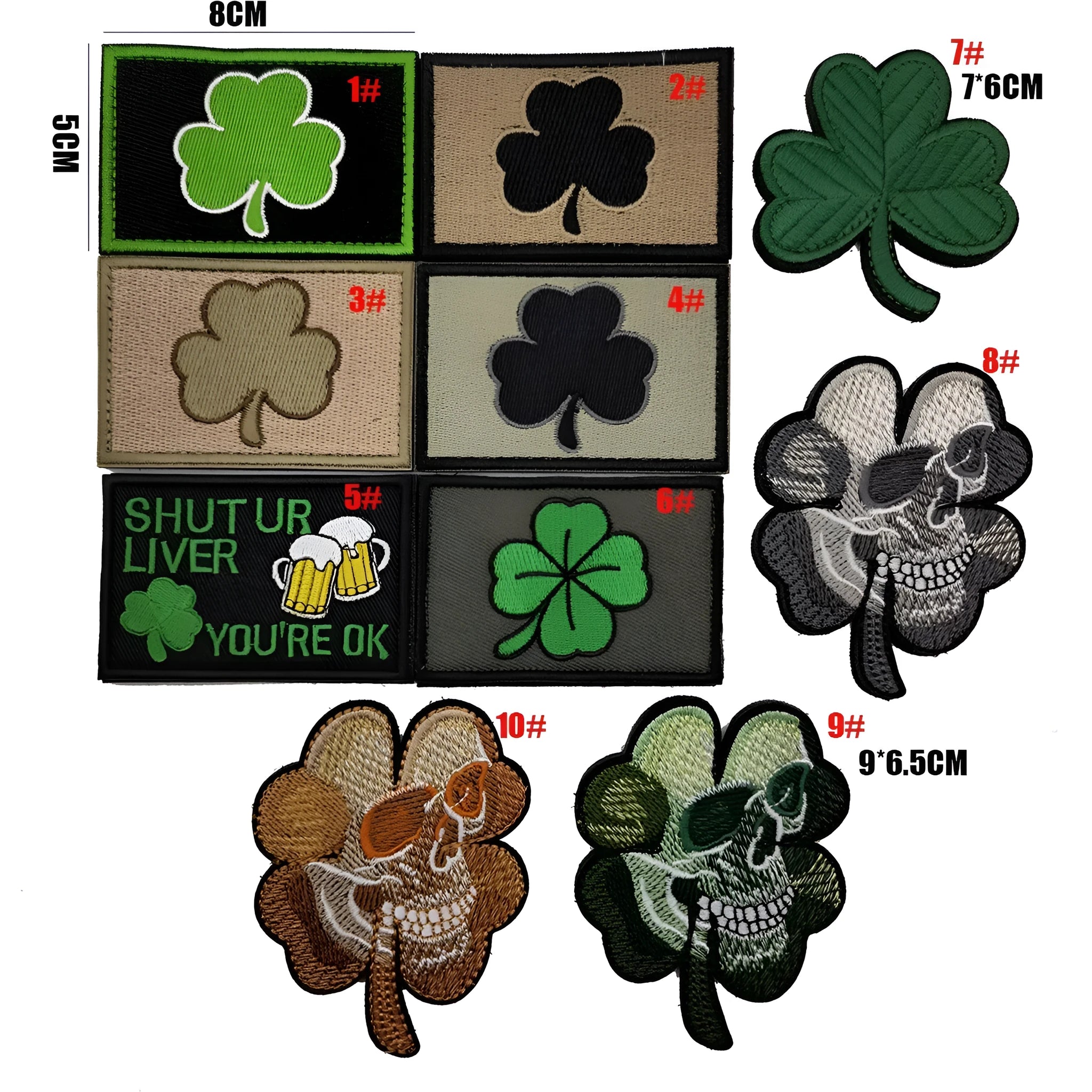 Outdoor embroidered fabric badge with Velcro strip backing on a green clover design.