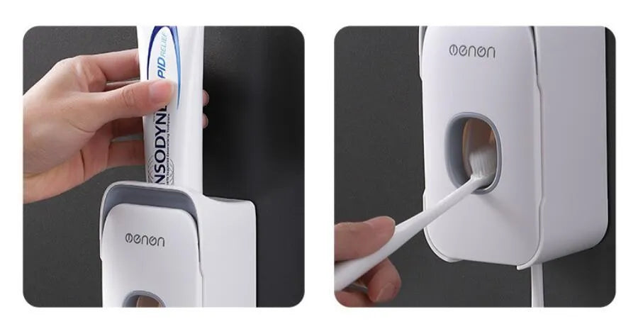 Blue automatic toothpaste dispenser with infrared sensor mounted on a bathroom wall.