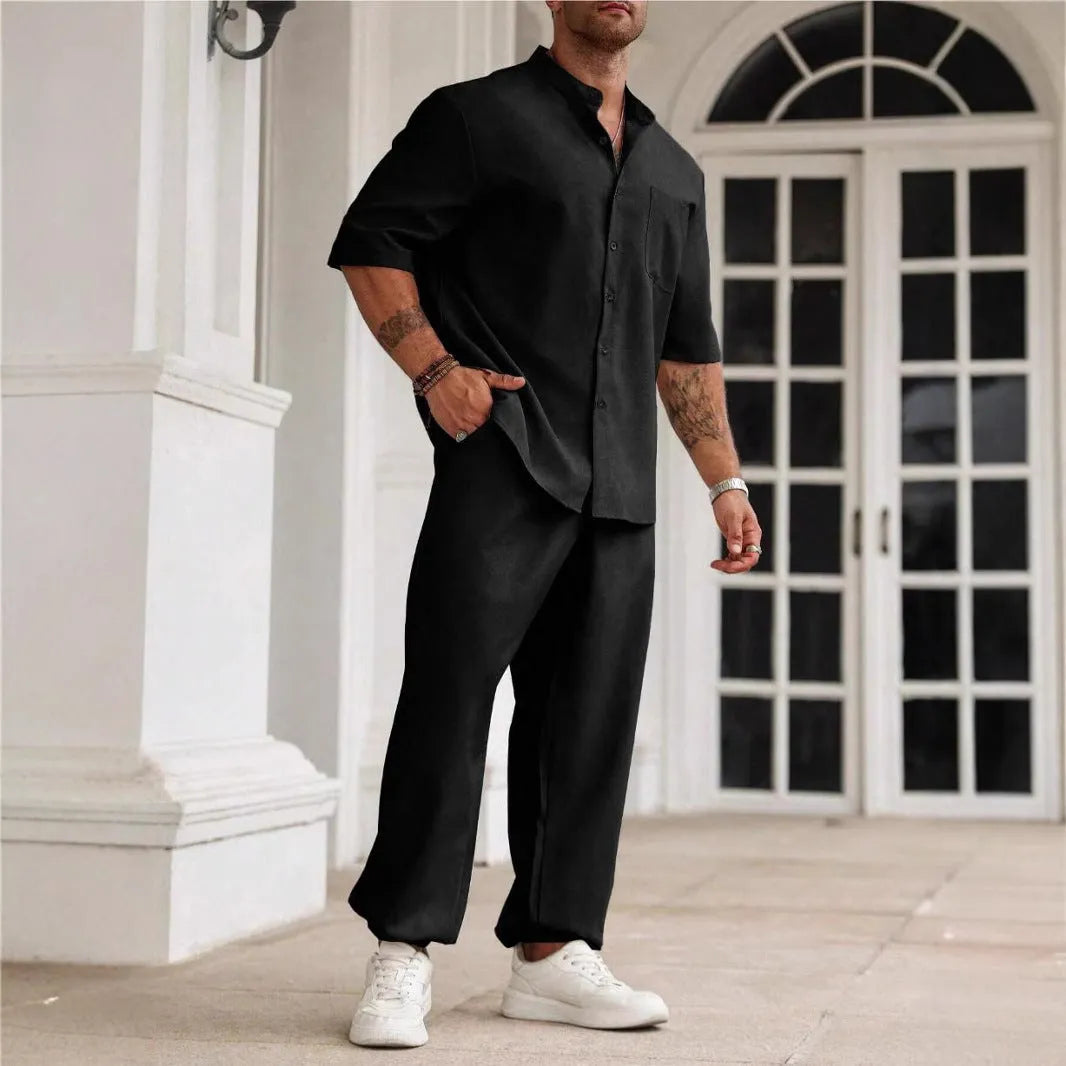 Men's cotton linen casual button short-sleeved trousers set with matching shirt in apricot colour