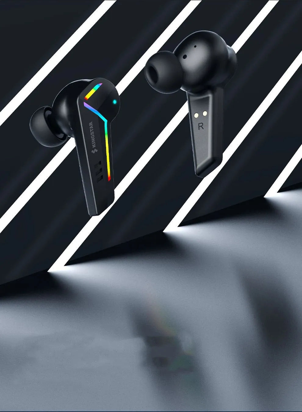 Small black TWS Bluetooth earbuds with low latency for gaming and sports.