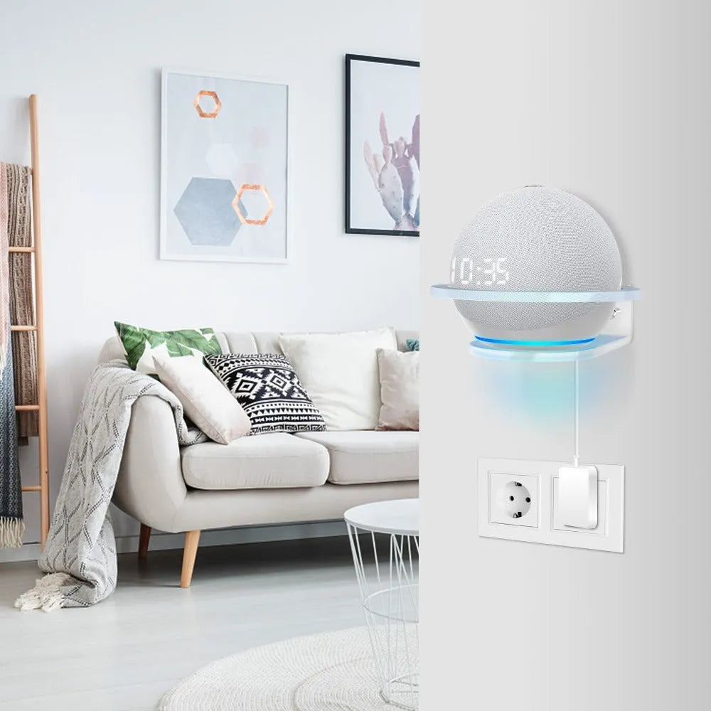 White plastic wall mounting bracket for Echo DOT 4 smart speaker showing mounting holes