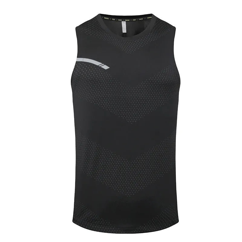Man wearing a grey quick-drying polyester sports tank top for summer outdoor activities.