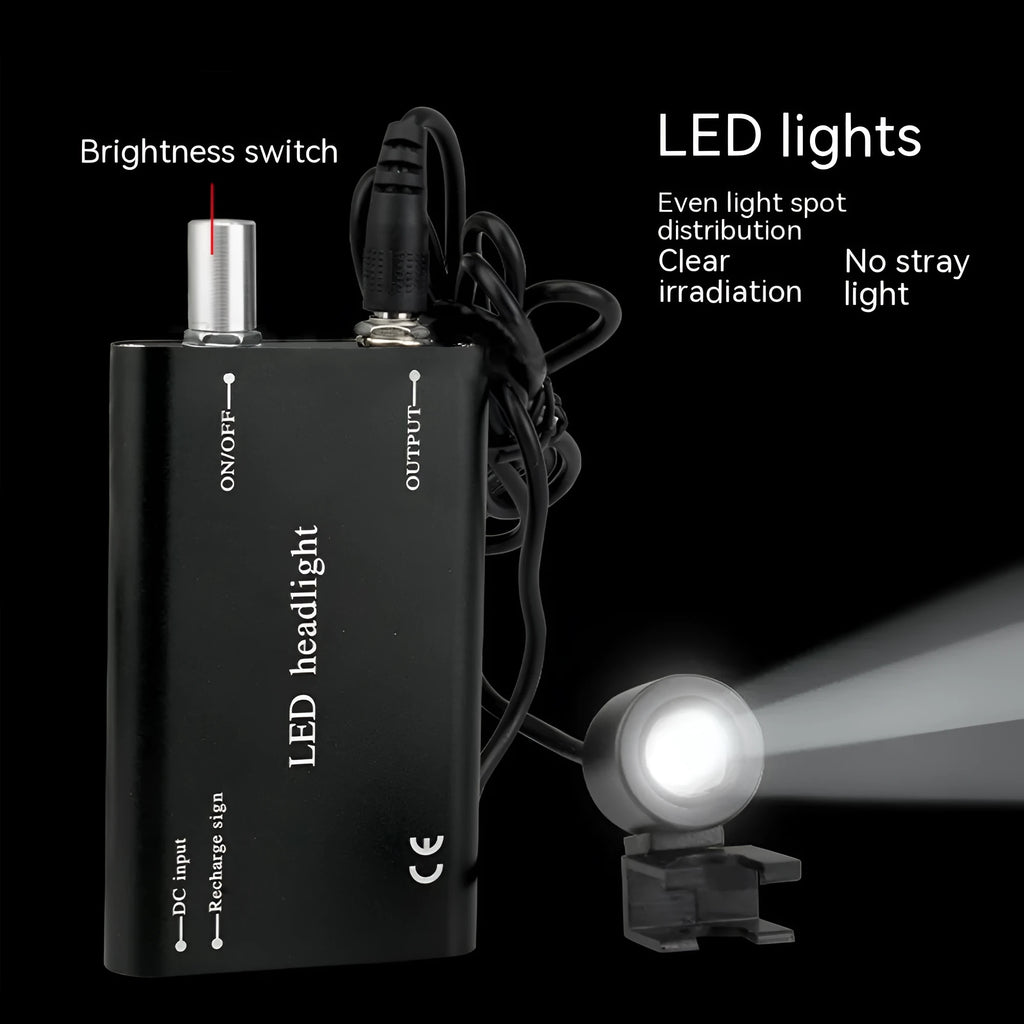 Black head-mounted dental magnifier with LED light showing 2.5X glasses and 3.5X interchangeable lens