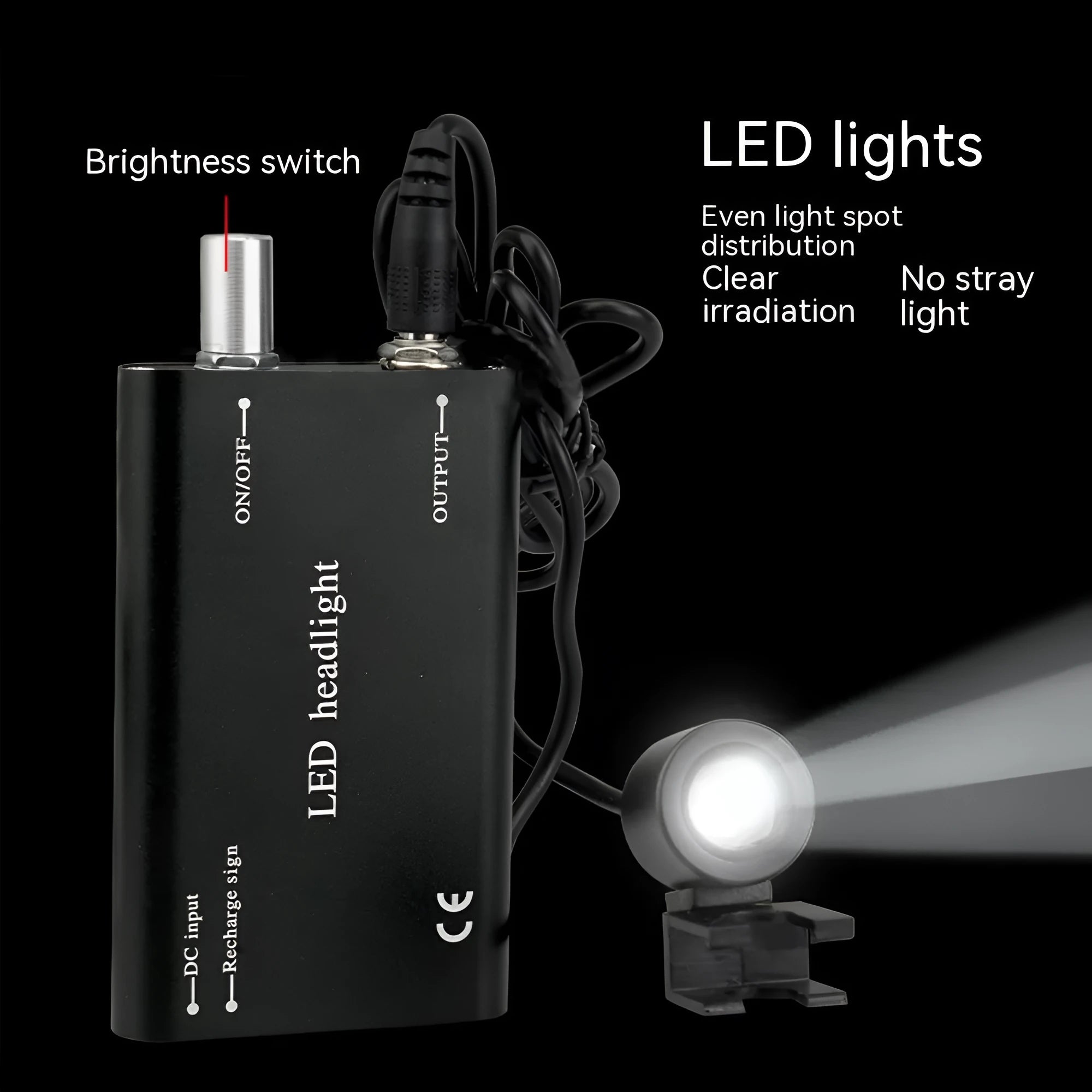 Black head-mounted dental magnifier with LED light showing 2.5X glasses and 3.5X interchangeable lens