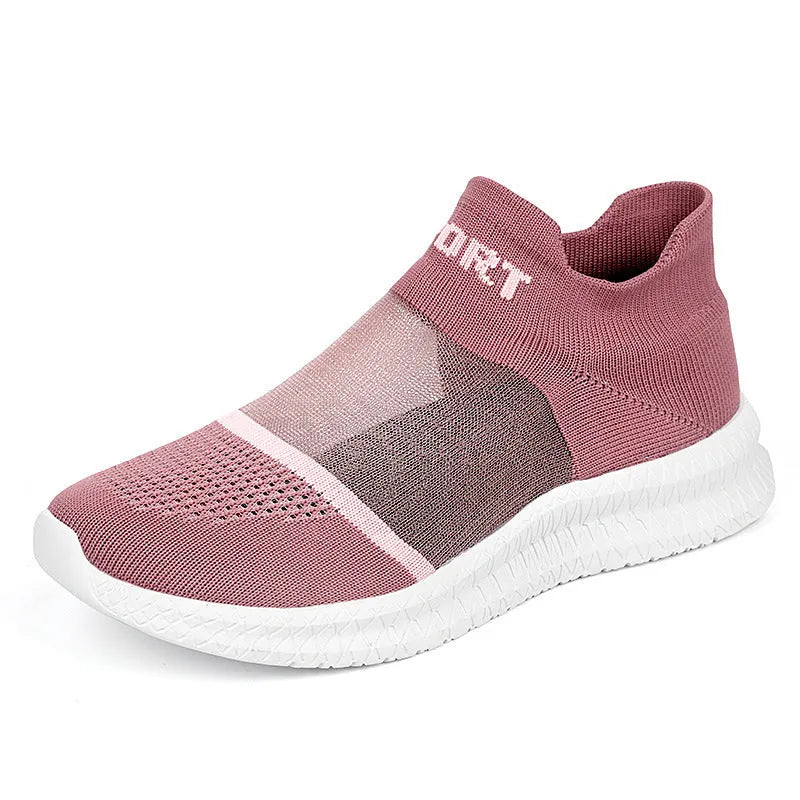 Breathable Flyknit sock shoes in khaki colour with lace-up front and low flat heel design.