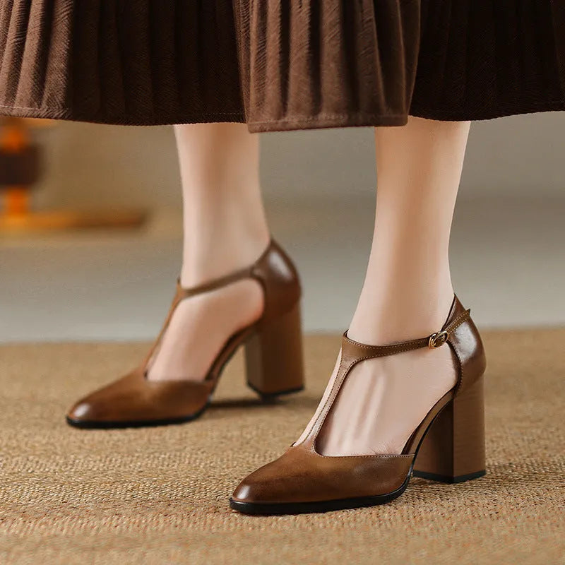 Women's dark brown retro pointed-toe Mary Jane shoes with a buckle fastening on a leather upper.