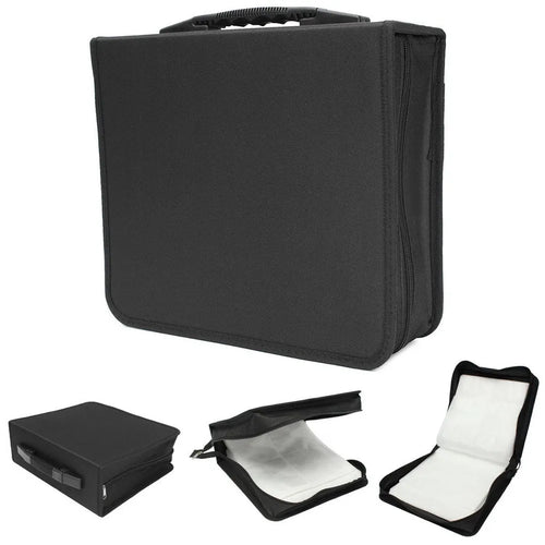 Black Oxford cloth CD DVD storage organiser bag with heavy-duty hand strap and zipper closure showing organised disc compartments